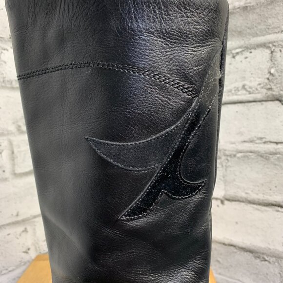 Vintage 80s Black Leather Retro Boots Black 7 Mid Calf Mid Low Kitten Cone Heel - Picture 3 of 16